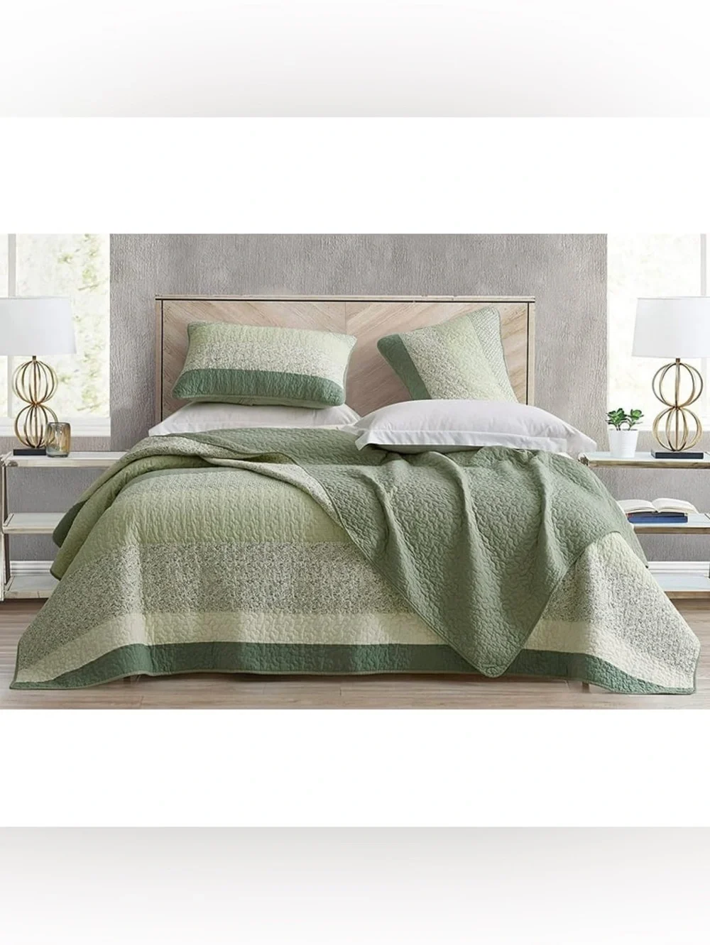 Light Green Stripe Queen 3 piece Quilt Set 100% cotton